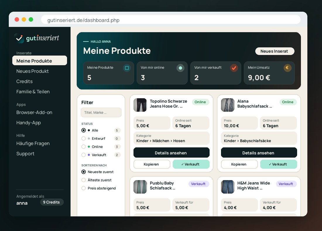 Dashboard mit Produkten, Status und Umsätzen
